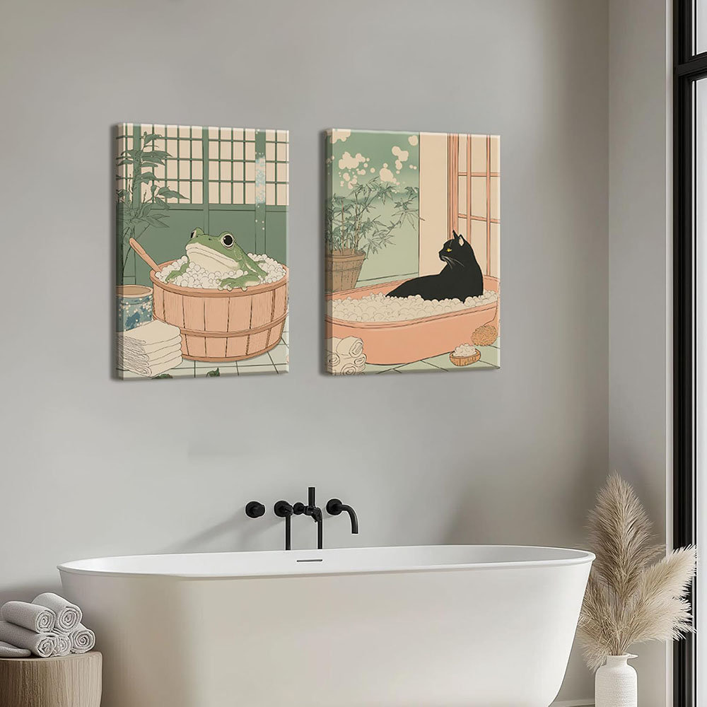 Dakota Fields Japanese Bathroom Wall Art Funny Black Cat And Frog In ...