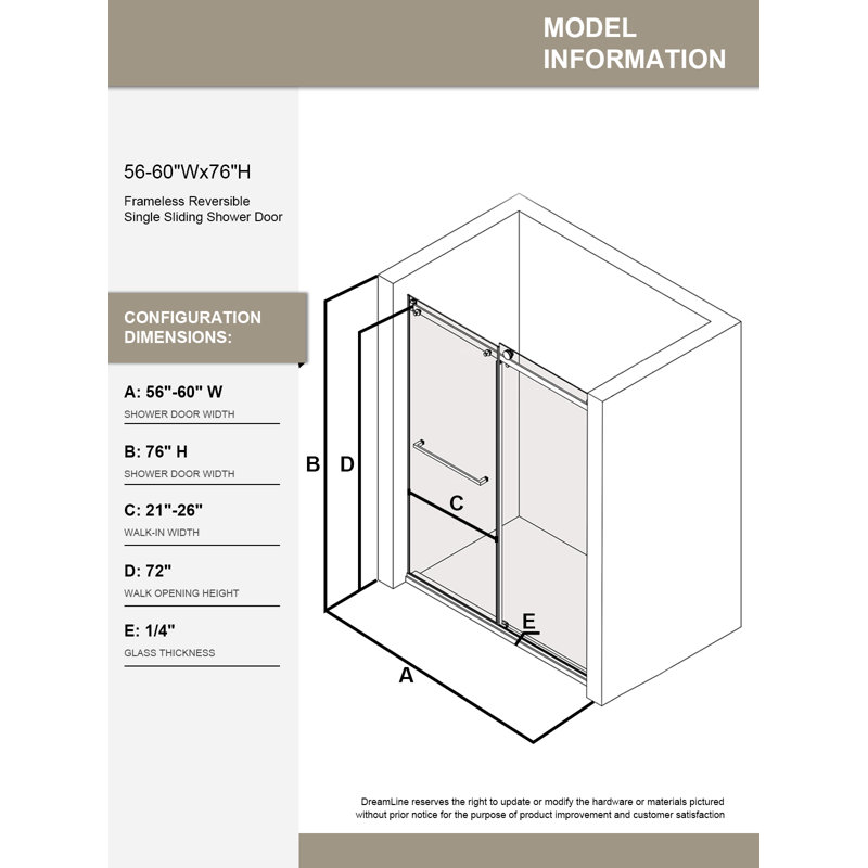 56-60" W x 76" H Frameless Shower Door with Flat Bar Stabilizer, 1/4" 6mm Tempered Glass, Matte Black, Matte Black