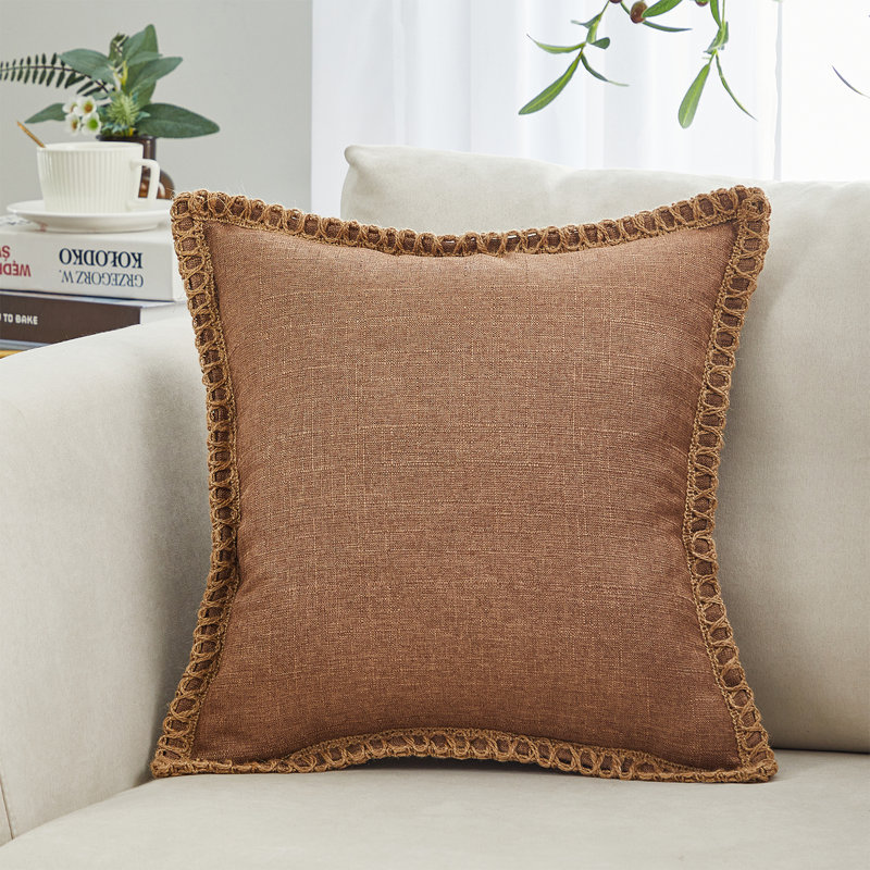Cotton Linen Fringed Cotton Reversible Pillow Cover, Brown