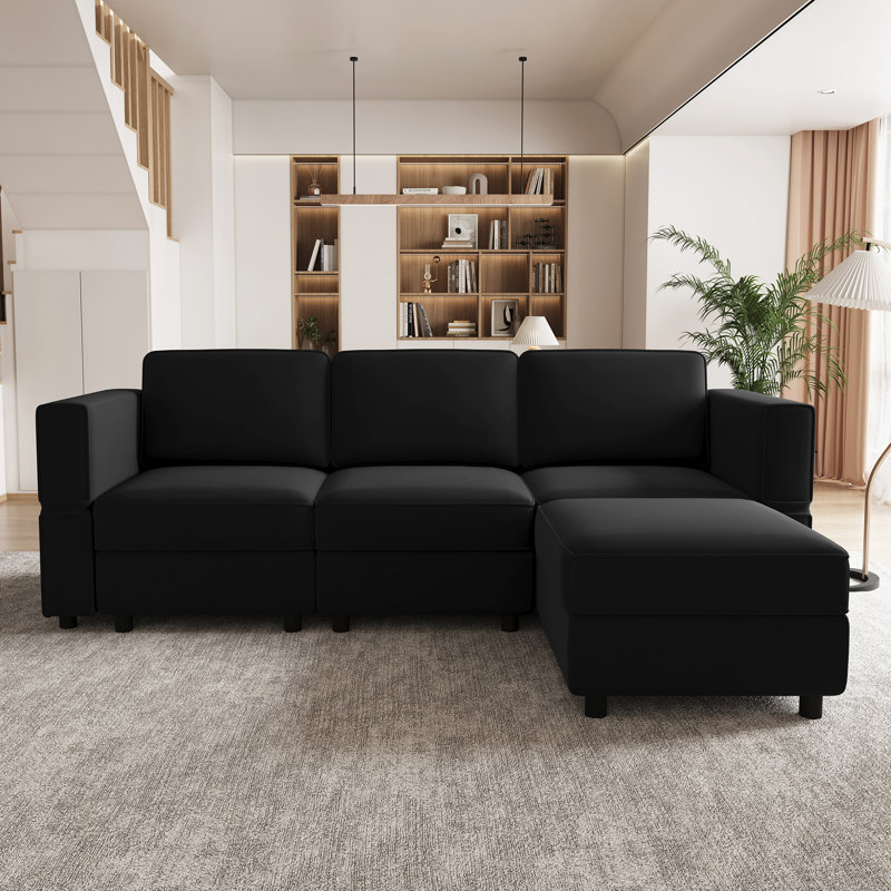 L-Shapedr Sectional Sofa With Moveable Ottoman, Black Velvet, 33.9" H x 88.6" W x 57.1" D