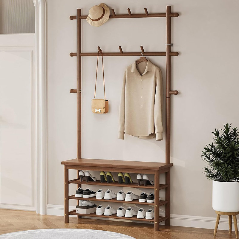 Portemanteau en bambou avec banc - Portemanteau 6 en 1 avec 13 crochets et rangement pour chaussures [Noyer] - [Bambou / Moderne / Entrée]