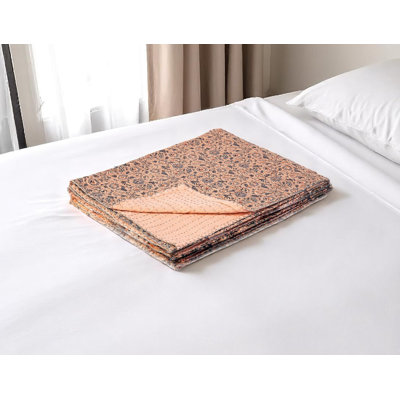 50" X 70" Peach And Gray Floral Cotton Quilted Kantha Throw Blanket with Embroidery