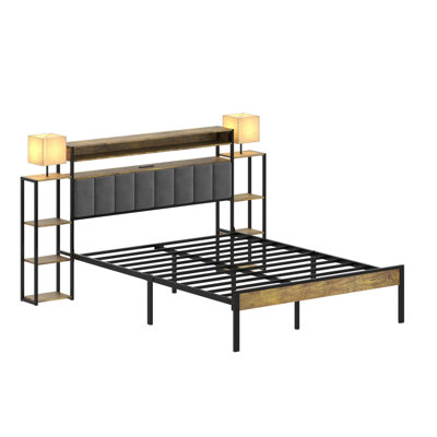 Cadre de grand lit avec rangement et lumières énergisantes, tête de lit en velours gris foncé, station de charge, plateforme sans détail du sommier, rangement, taille non conforme