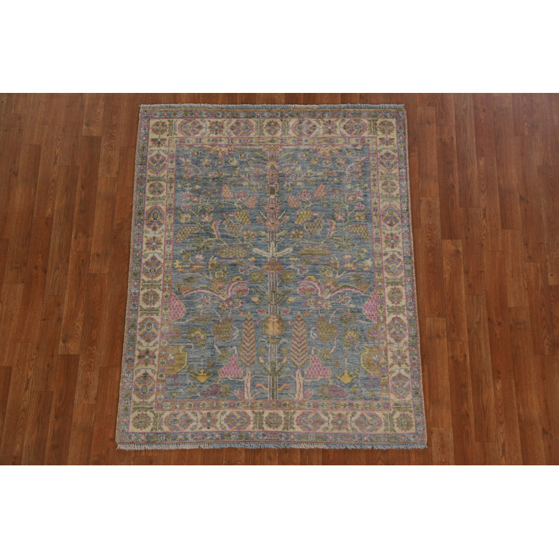 Tapis bleu en laine noué à la main de conception unique 3 pi 10 po x 4 pi 11 po New Age