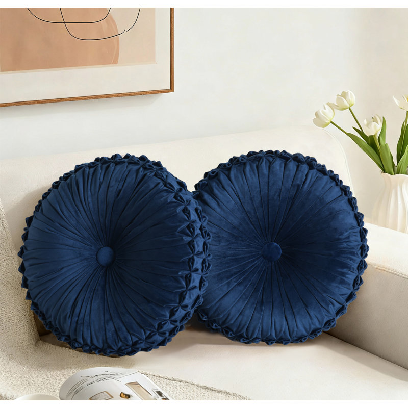 Round Throw Pillow Set Of 2 – Decorative Velvet Ruched Pumpkin Pillows With Button Center, Soft Handmade Cushions For Couch Sofa Bed Farmhouse Vintage Rustic Decor, 14.5"R