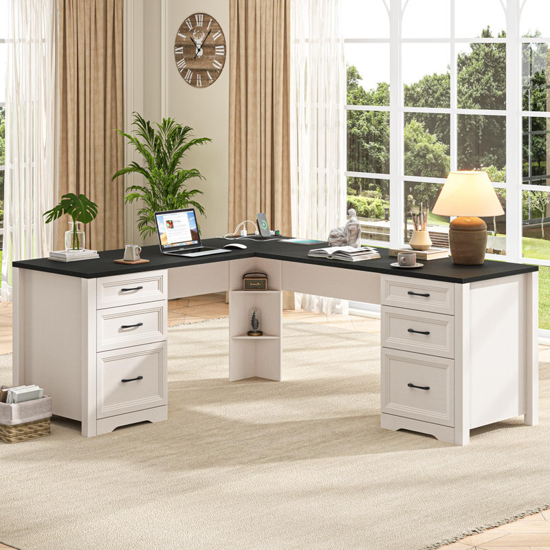 Wood L Shaped Executive Desk With 6 Drawers, Black