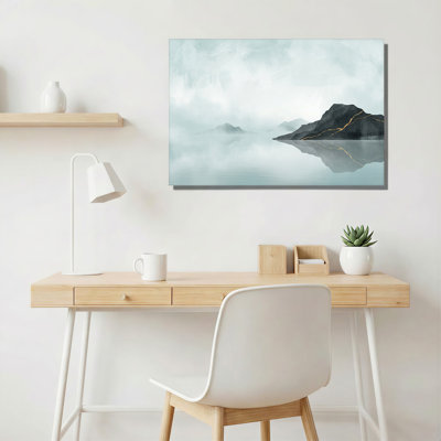 Art sur toile, paysage de montagne avec veines dorées et reflet de l'eau