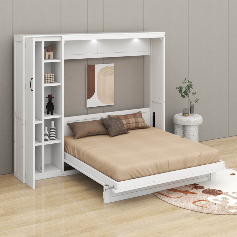 Grand lit escamotable avec tablettes, garde-robe et lumières DEL, Blanc, Grand lit