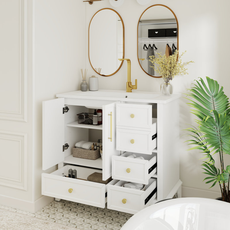 Meuble-lavabo moderne 36 po avec surface peinte, poignées en métal et tiroir 36 po, Blanc