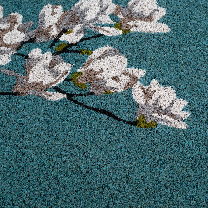 Paillasson Yohane Magnolia, 18 po x 60 po antidérapant, Branche de magnolia - bleu sarcelle