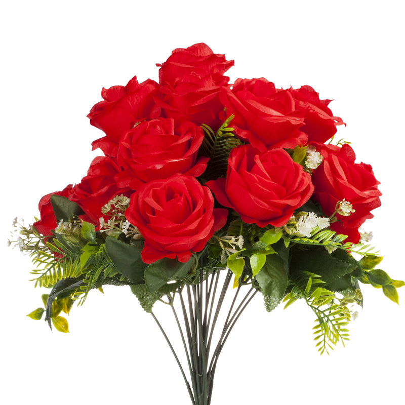 Arrangement floral 18 têtes de roses en soie dans un vase, Rouge