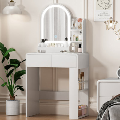 Vanity Desk With Mirror And 2 Drawers, Adjustable Led Light, Side Storage Shelves, Modern Curved Design Dressing Table For Bedroom, White