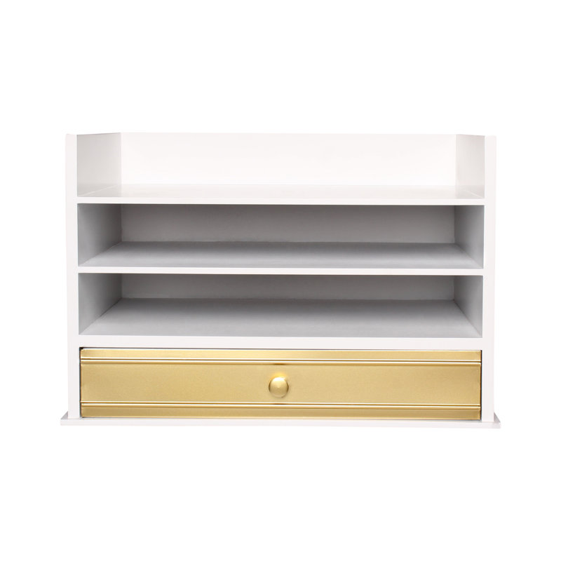 White and Gold Wood Letter Tray with Drawer