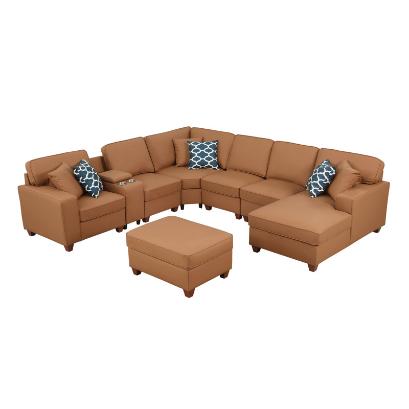 Belmont - U-Shape Leather Sectional With Cupholder Console And Ottoman, Brown Faux Leather