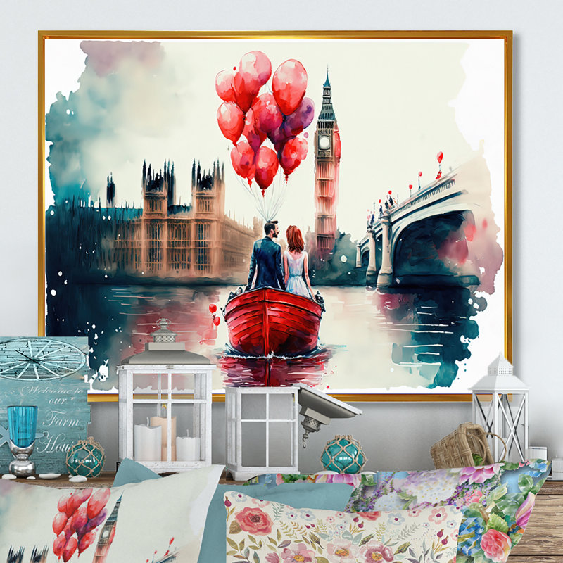 Couple romantique sur l'eau II - Impression sur toile, H 24 po x l 32 po x P 1 po, Toile avec cadre flottant or