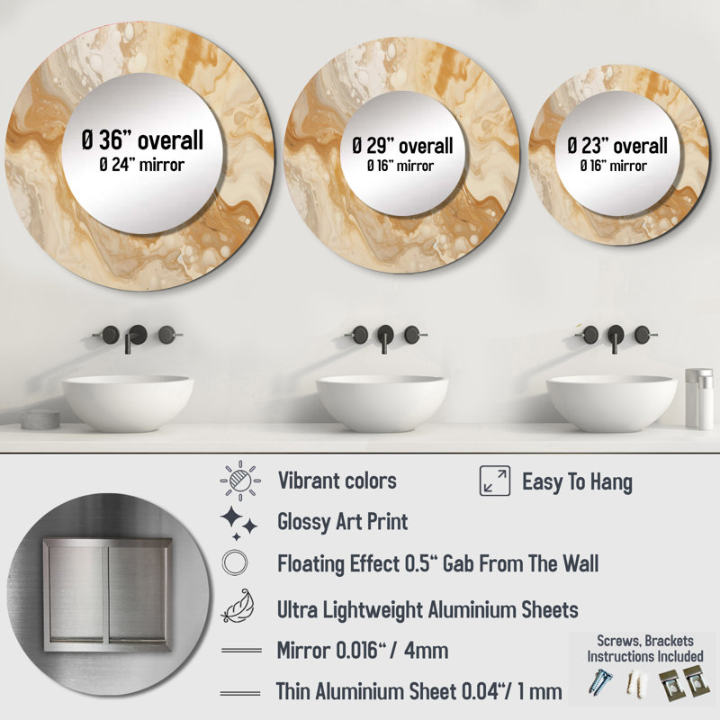 Cream Marbled Melody IV - Abstract Decorative Mirror, Beige Round Wall Mirror, Printed Metal Art, 23" x 23"