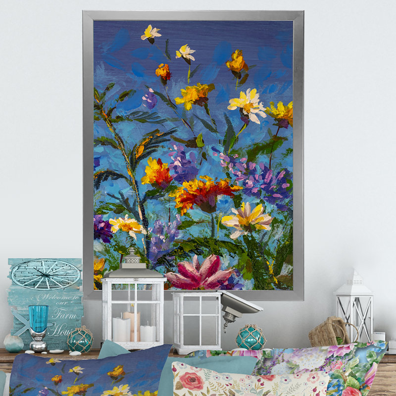 Vibrant Colorful Wildflowers II - peinture sur toile, Toile avec cadre photo argenté, H 32 po x l 16 po x P 1 po
