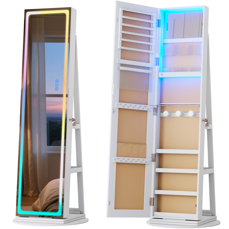 Armoire à bijoux autoportante avec lumières à intensité variable RVB, armoire à bijoux verrouillable avec base pivotante à 360 °