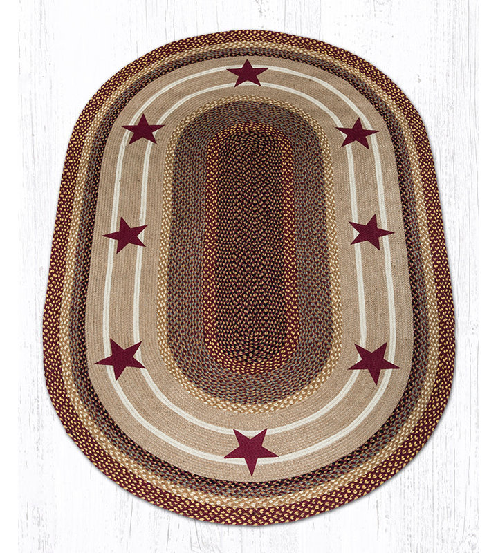  Oval Patch Tread – Burgundy Stars Braided Jute Rug, Rustic Americana Area Accent, 5' x 8'