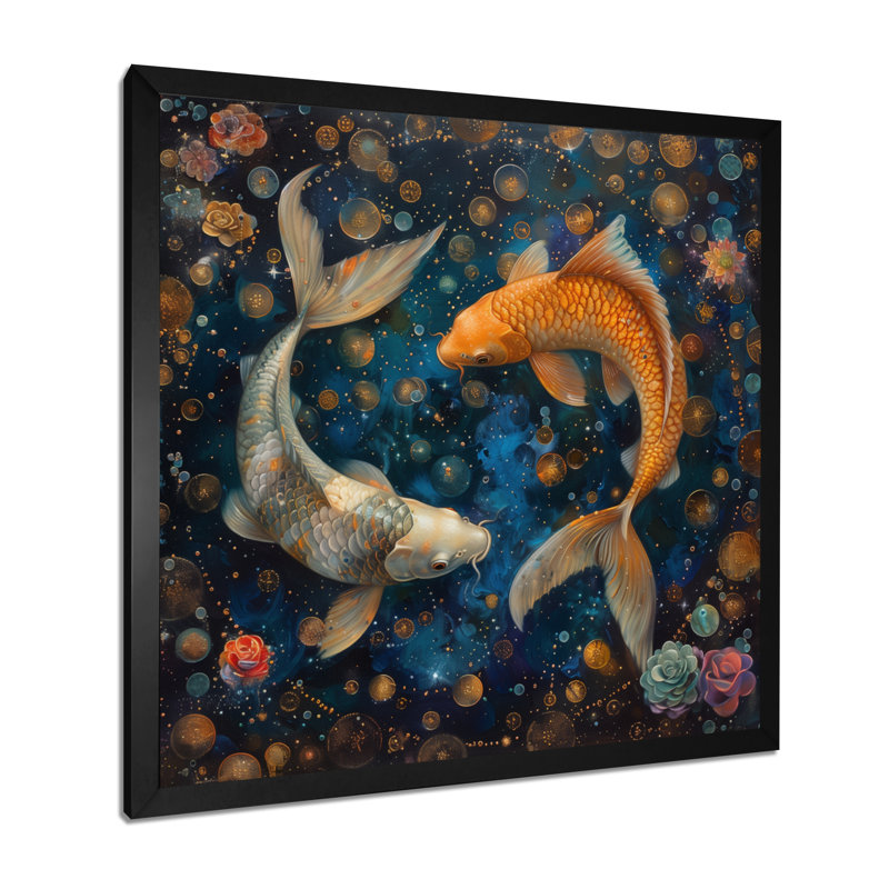 Décoration murale poisson bleu astrologie cosmique II - Astronomie Poissons, H 30 po x l 30 po, Cadre simple noir