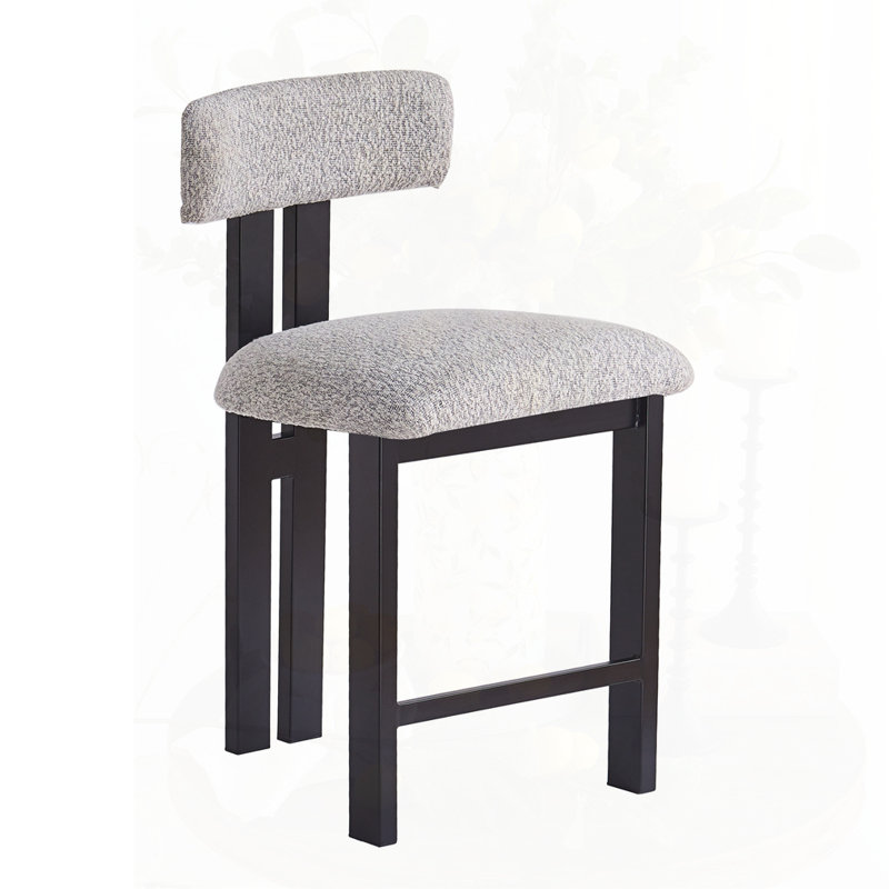 Stylish Round Stools with  Upholstered Seat & Black Metal Frame, Gray