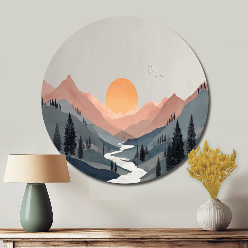 Été coucher de soleil dans les montagnes - art mural rond en métal minimalisme côtier, L 16 po x H 16 po