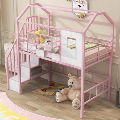 Lit mezzanine simple en métal avec toit et amp; Boîte de rangement - Aucun sommier nécessaire, robuste et robuste Robuste