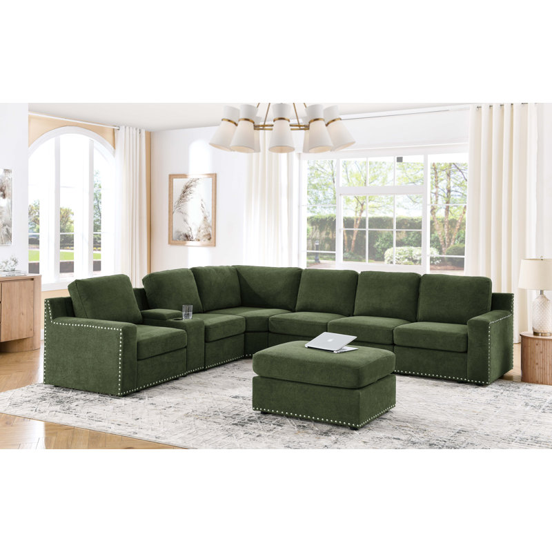 Canapé modulaire réversible de coin de 128 po avec repose-pieds Akshada, Mélange de polyester vert foncé