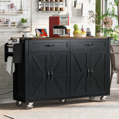 Îlot de cuisine de 53,5 po avec prise de courant, îlot de rangement pour cuisine avec abattant, support à épices et tiroir, chariot de cuisine sur roulettes, pour la maison, la cuisine et la salle à manger, noir