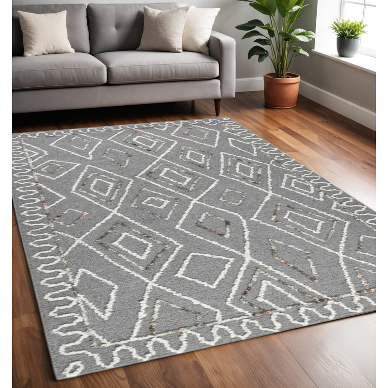 Tapis crocheté à la main gris foncé en laine ivoire et rouille 5 pi x 8 pi