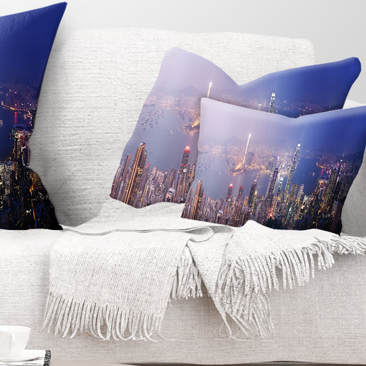 Coussin décoratif hongkongais du jour à la nuit - imprimé paysage urbain, 12 po x 20 po, Rectangulaire