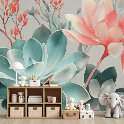 Papier peint pastel à peler et à coller, art mural succulent minimaliste, pastel, verts, roses, peintures murales, H 100 po x l 144 po, papier peint amovible en PVC, adhésif mural pour chambre à coucher, bureau à domicile