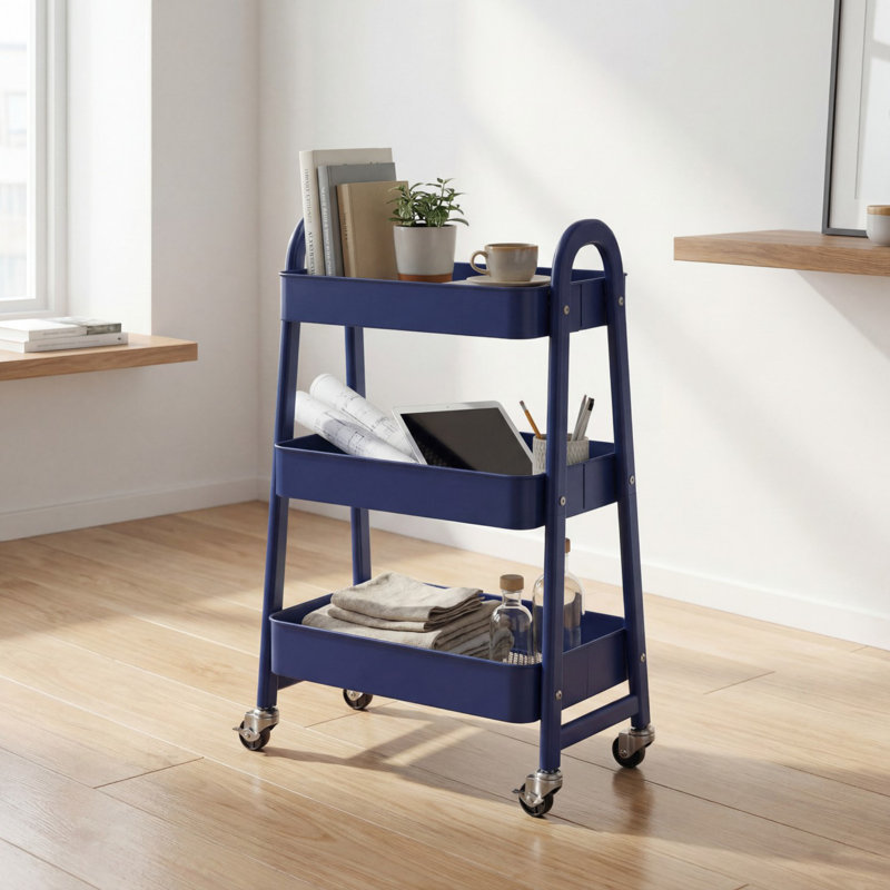 3-Tier Rolling Utility Cart with Locking Wheels, Metal Storage Organizer, Blue