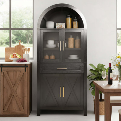 Garde-manger arqué de 71 po de hauteur avec porte vitrée, garde-manger de style campagnard avec tablettes réglables et porte de grange pour la cuisine, le salon et la salle à manger