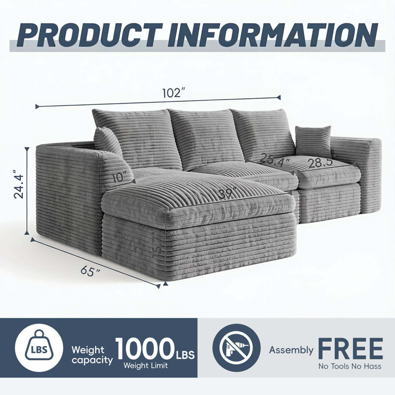 Canapé modulaire sans cadre avec méridienne réversible, Grey