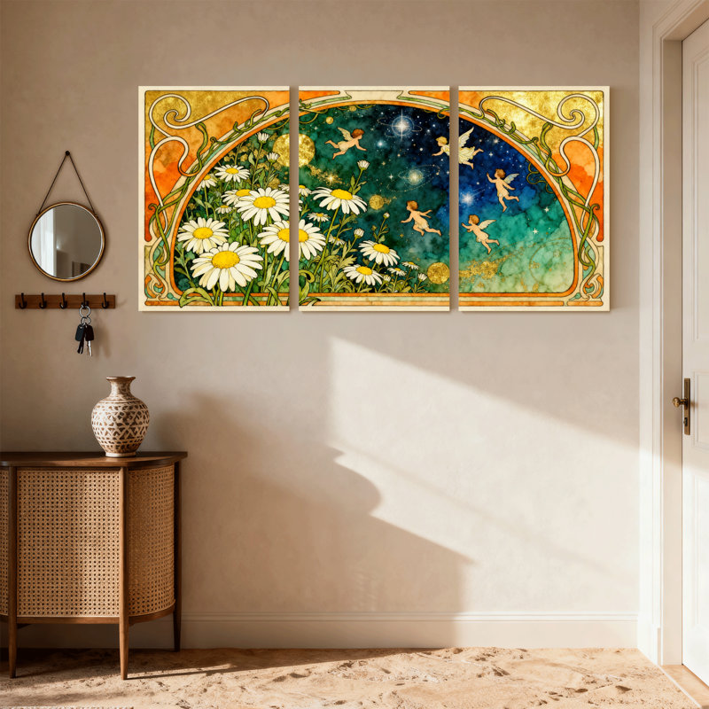 Fantaisie et science-fiction, chérubins floraux, ciel nocturne, ensemble de 3 impressions sur toile, H 30 po x l 60 po