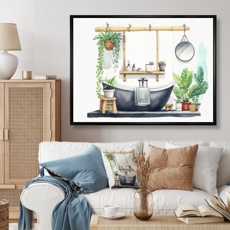 «Natural Bathroom Decor III», reproduction sur toile encadrée, H 24 po x l 32 po, Cadre flottant noir
