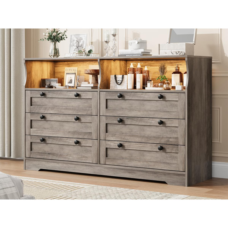 Dresser for Bedroom, Large Wooden Dresser with 6 Drawer, 55 Inch Tv Stand Dressers for Bedroom with Power Outlet, Gray