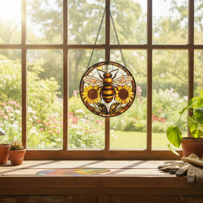 6" Stained Glass Suncatcher Bee & Sunflowers