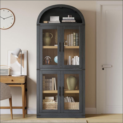 72" Tall Arched Bookshelf Cabinet, Modern Farmhouse Wood Bookcase with 4 Glass Doors & Open Shelf, Freestanding Storage Organizer for Living Room or B