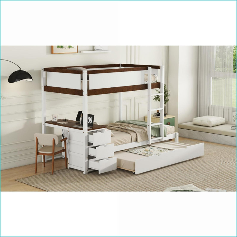 Twin-Over-Twin Bunk Bed with Trundle Desk Storage Solid Pine Composite Wood White Walnut for Small Bedrooms, Twin