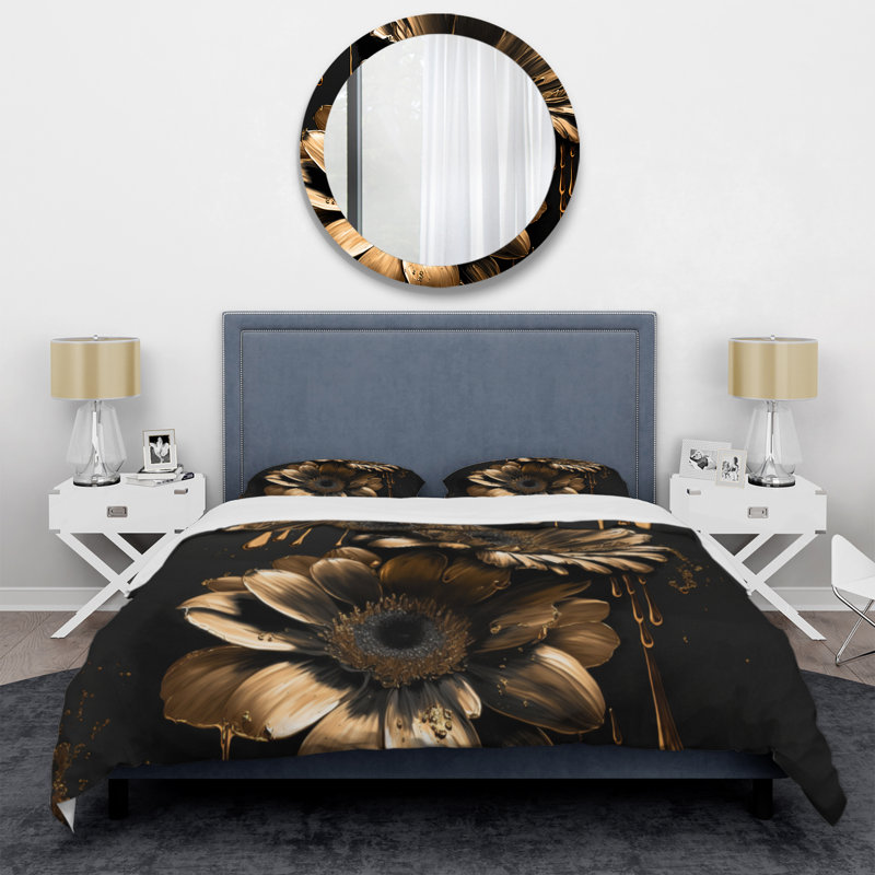 Black and Gold Daisy III - Ensemble de housse de couette à motif de marguerites florales - Microfibre de polyester