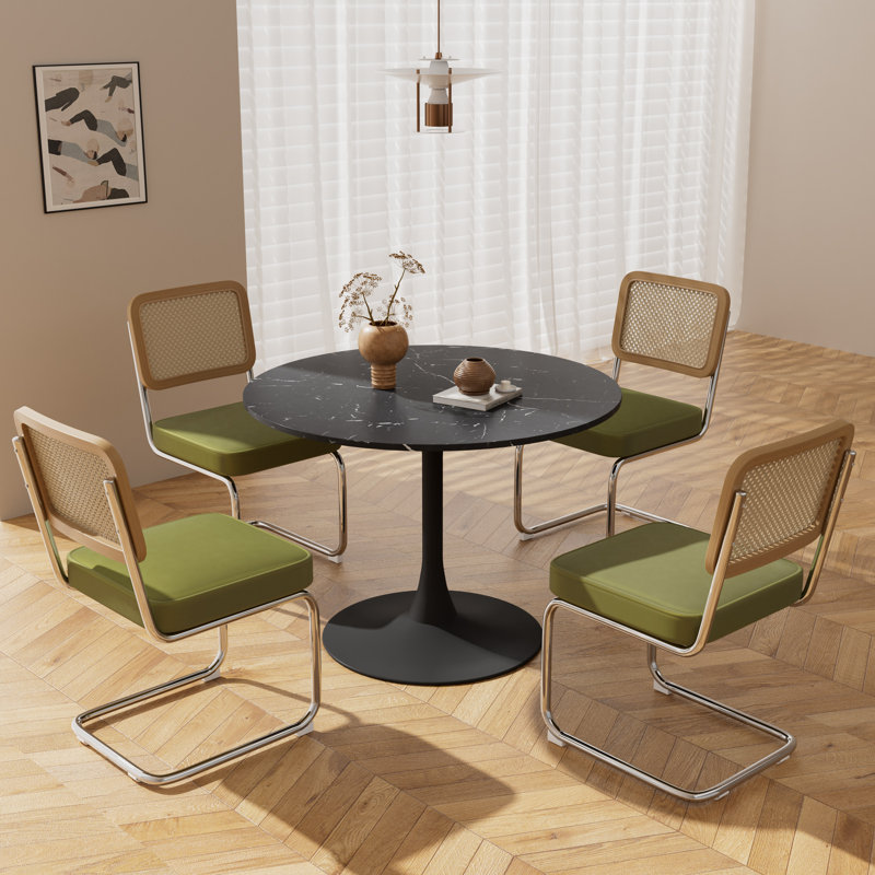 Ensemble de table de salle à manger à piédestal 5 pièces, H 28,70 po x L 31,50 po x l 31,50 po, Vert, Noir, noir, noir, noir