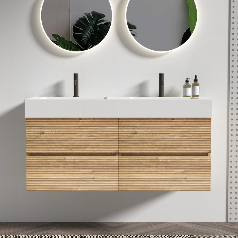 Grace 48'' Bathroom Vanity With Oak Engineered Quartz Sink And Soft Black Drawers, Wall Mounted Floating Bathroom Vanity For Modern Bathroom, Without Drainage And Faucet, KD