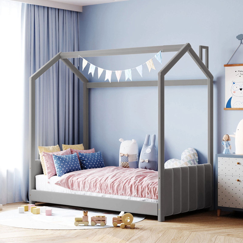 Twin Size Velvet House Bed Wood Bed, Gray, Twin