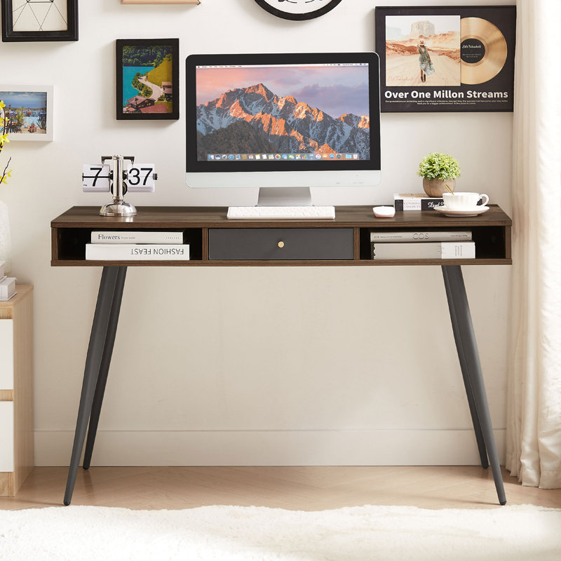 Desk With USB Ports And Power Outlet, Writing Study Desk With Drawers, Home Office Computer Desk, Brown/Gray