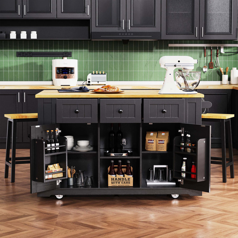 Large Multi-Piece Kitchen Island Rolling Cart Set Including Matching Bar Stools, Foldable Drop Leaf Worktop with Built-In Power Outlet, Five Side Storage Racks and Three Drawers, Shipped In Three Separate Packages