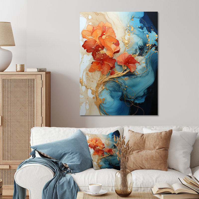 Décoration murale abstraite en métal orange sarcelle - fractales, H 20 po x l 12 po
