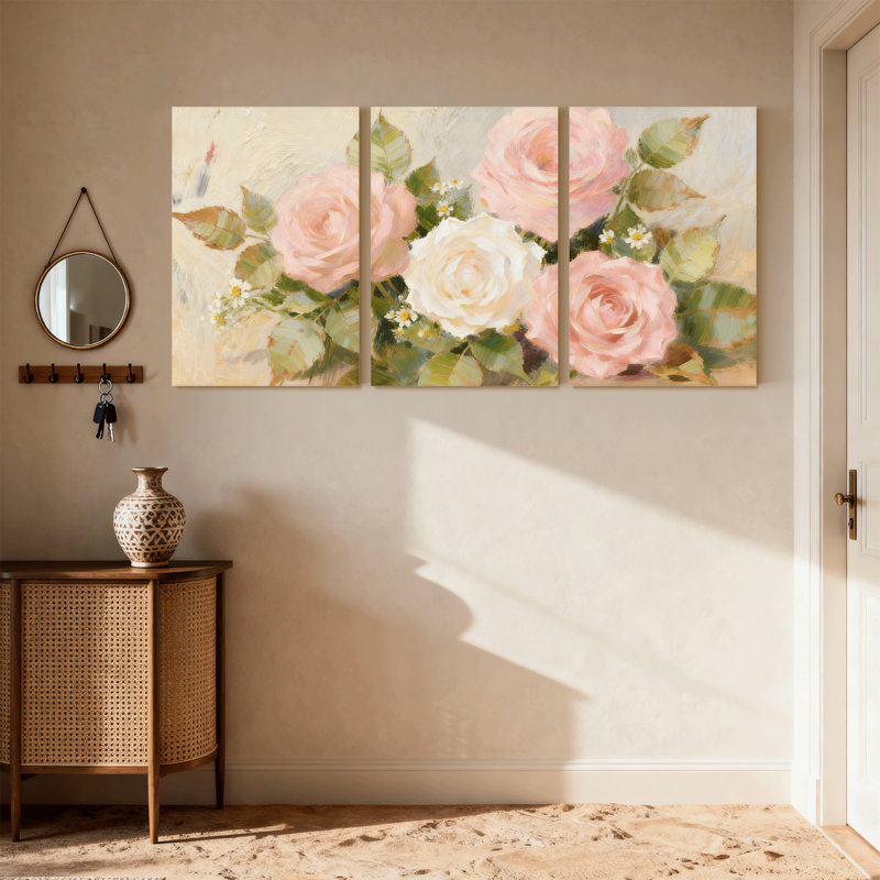 Ensemble de 3 impressions sur toile roses et roses avec fleurs blanches et feuilles vertes, H 18 po x l 36 po