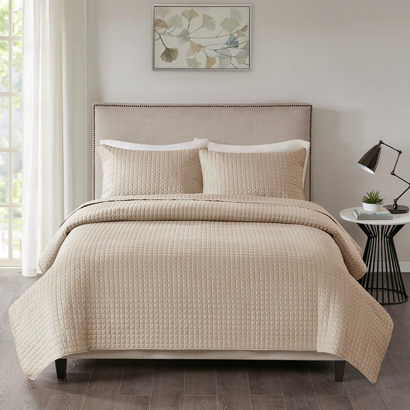 Literie pour courtepointe réversible kaki 3 pièces, Courtepointe double et 2 taies décoratives standa